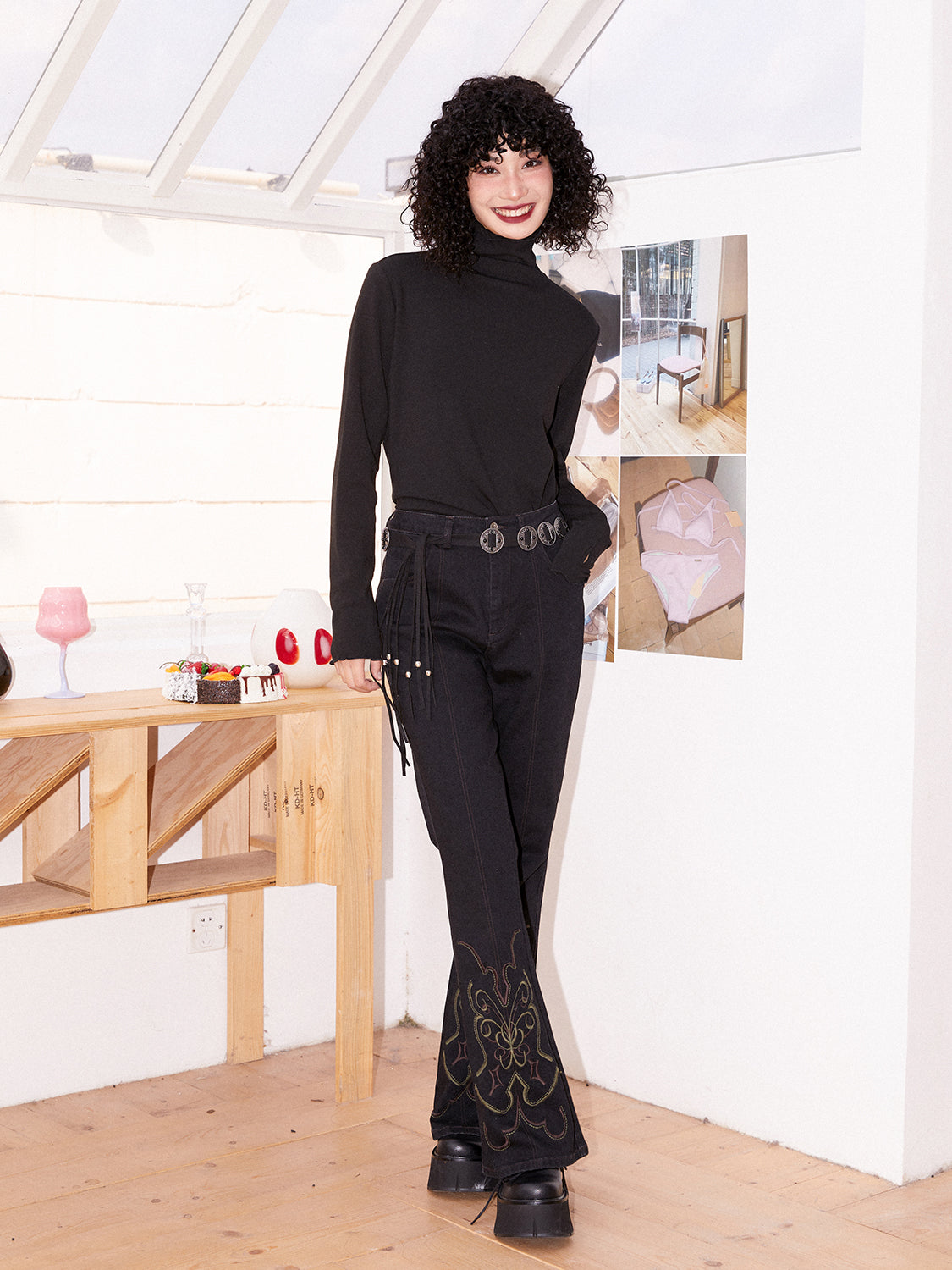 Stickerei Denim Casual Retro Flare-Hose