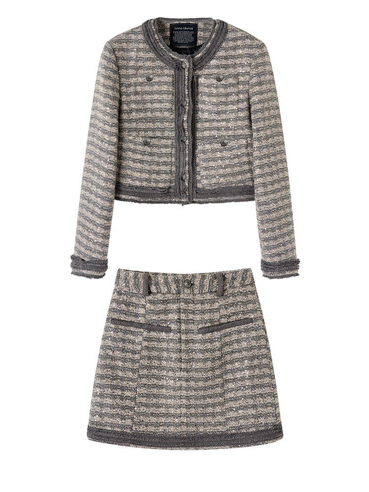 Set-Up Suit Sequins Elegant No-Collar-Jacket&Mini-Skirt