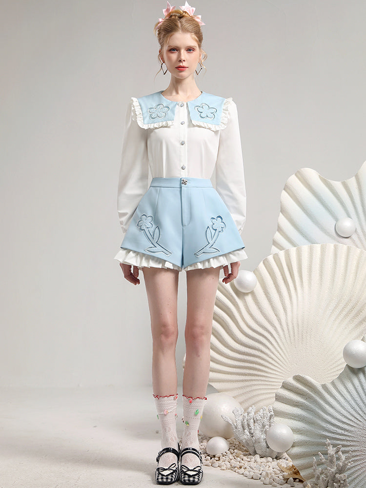 Set-Up Big-Collr Frill Flower Retro Cute Tops&Short-Pants