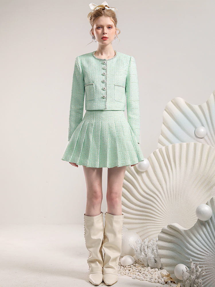 Jacket&Mini-Skirt Tweed Suit Pleats Classy Retro Set-Up