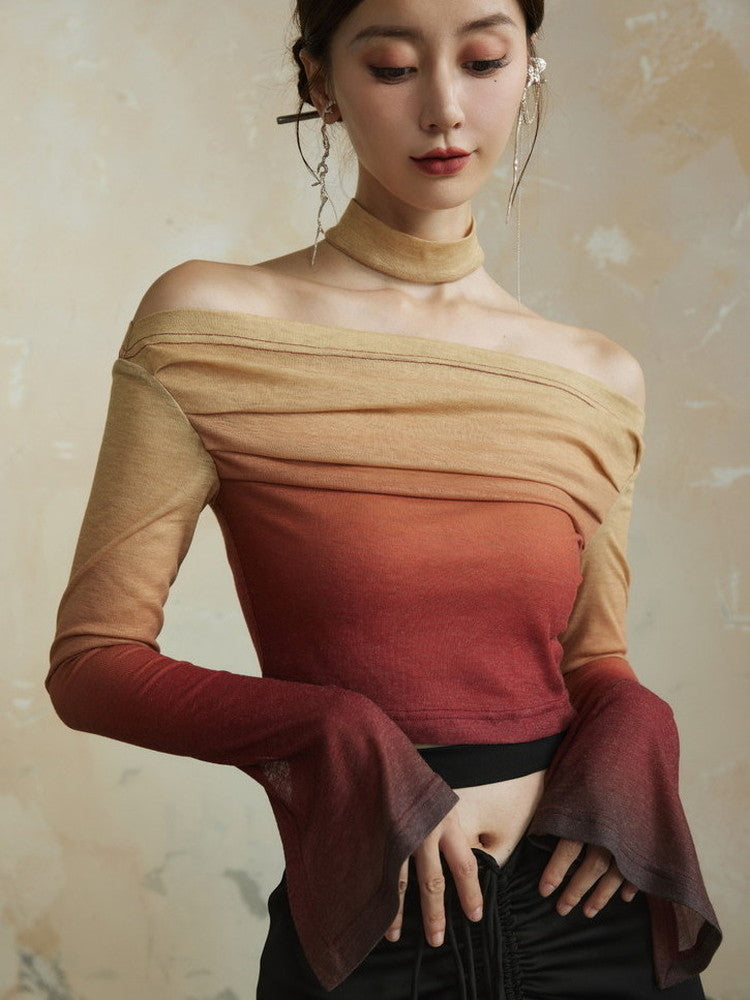 Gradation Off-Shoulder Nichi Velvet Flare-Sleeve Tops