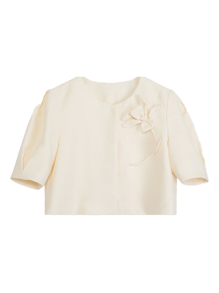 Flower Embroidery Puff-Sleeve Formal Blouse&Long-Skirt