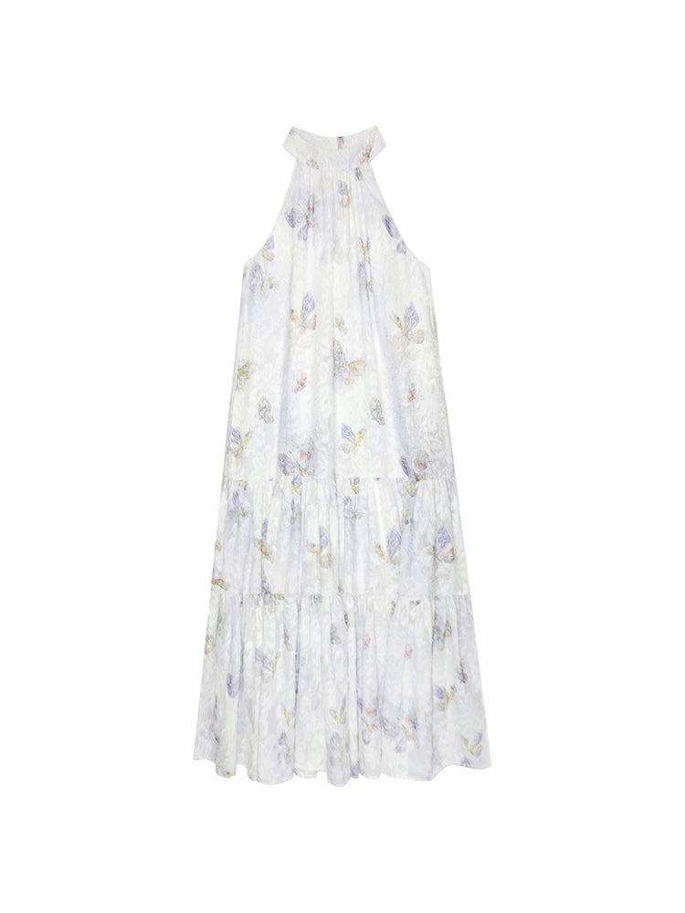 American-Sleeve Pale-Tone Flower Tiered No-Sleeve Long Dress