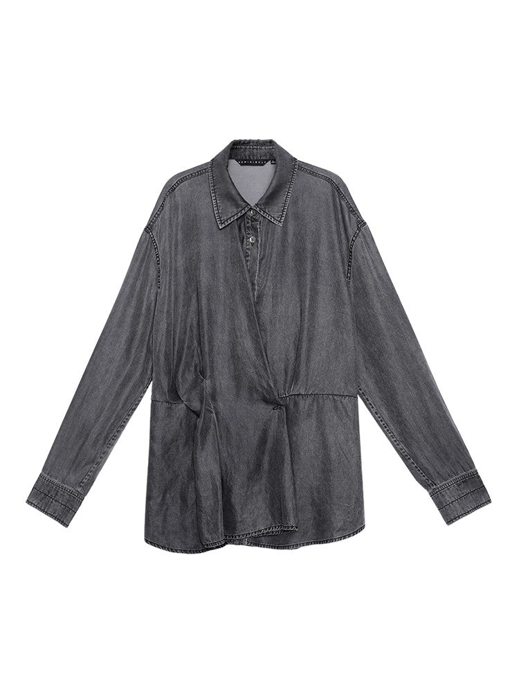 데님 비대칭 드레이프 니치 씻기 셔츠
