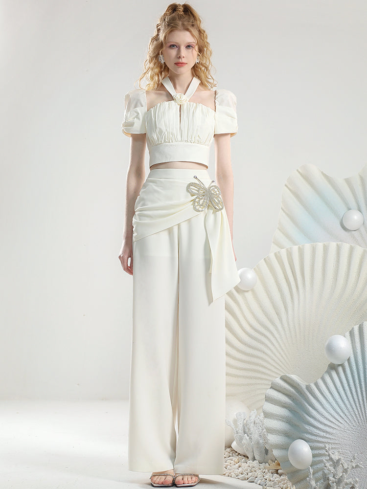 Halter-Neck Chic Suit Set-Up Ribbon Short- Tops&Wide-Pants