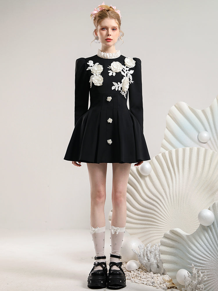 Stand-Collar Pleats Flower Rose 3D Classy One-Piece