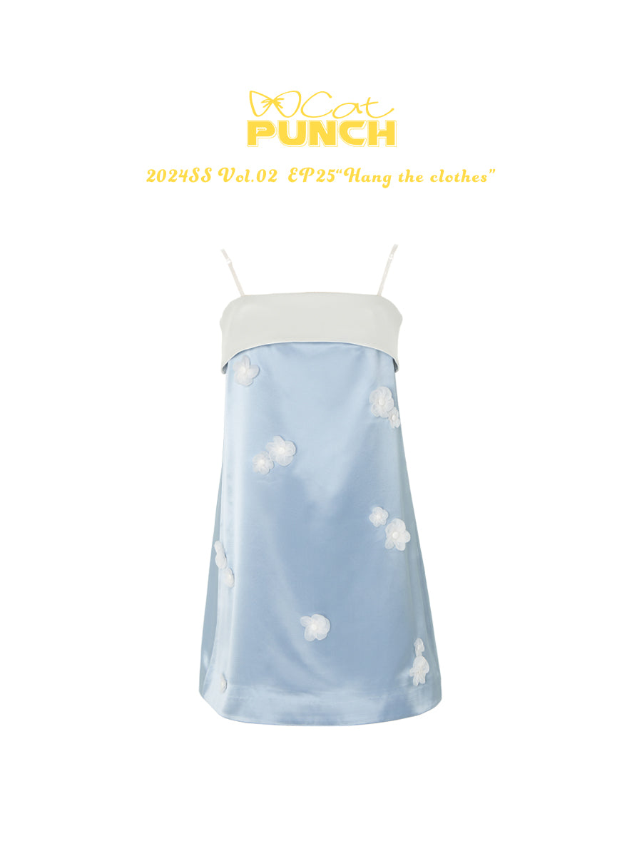 Satin Flower A-Line Short Camisole Bi-Color Glossy One-Piece