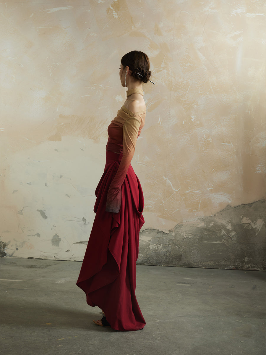 Plain Asymmetry Drape Feminine Elegant Long-Skirt