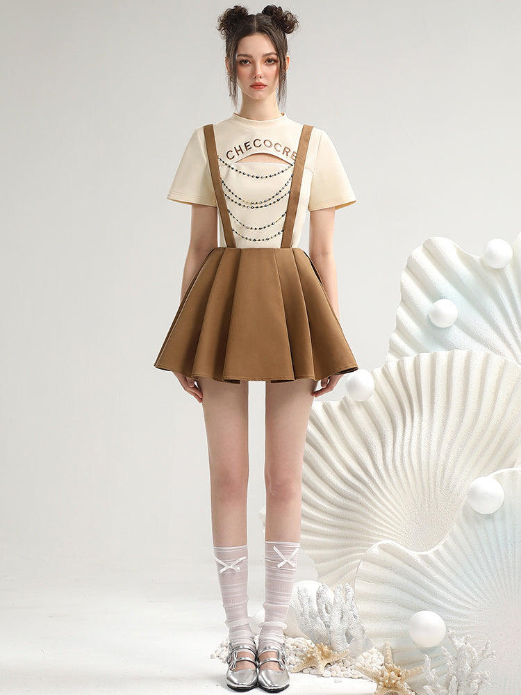 Set-Up Casual Fount-Cut Falre Pleats T-Shirt&Suspenders-Skirt