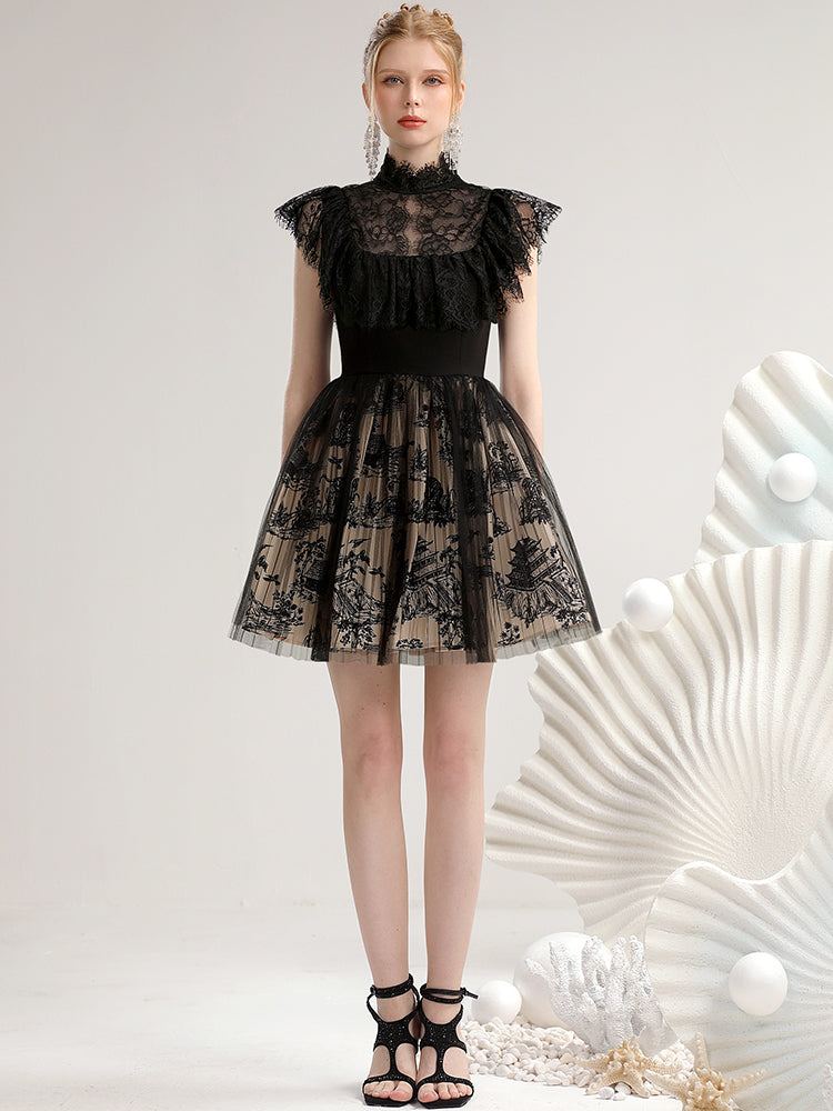 Flace Feminine Chic Falre Flower Party Sheer Dress