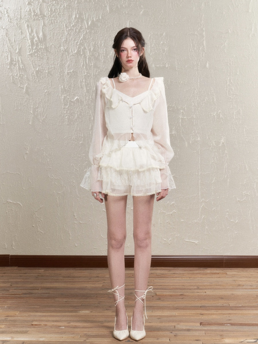 Sheer Frill Lace Feminine Blouse&Mini-Skirt