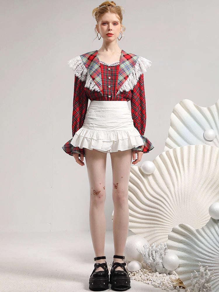 Nichi Checked Lace Big-Collar Retro Girly Blouse