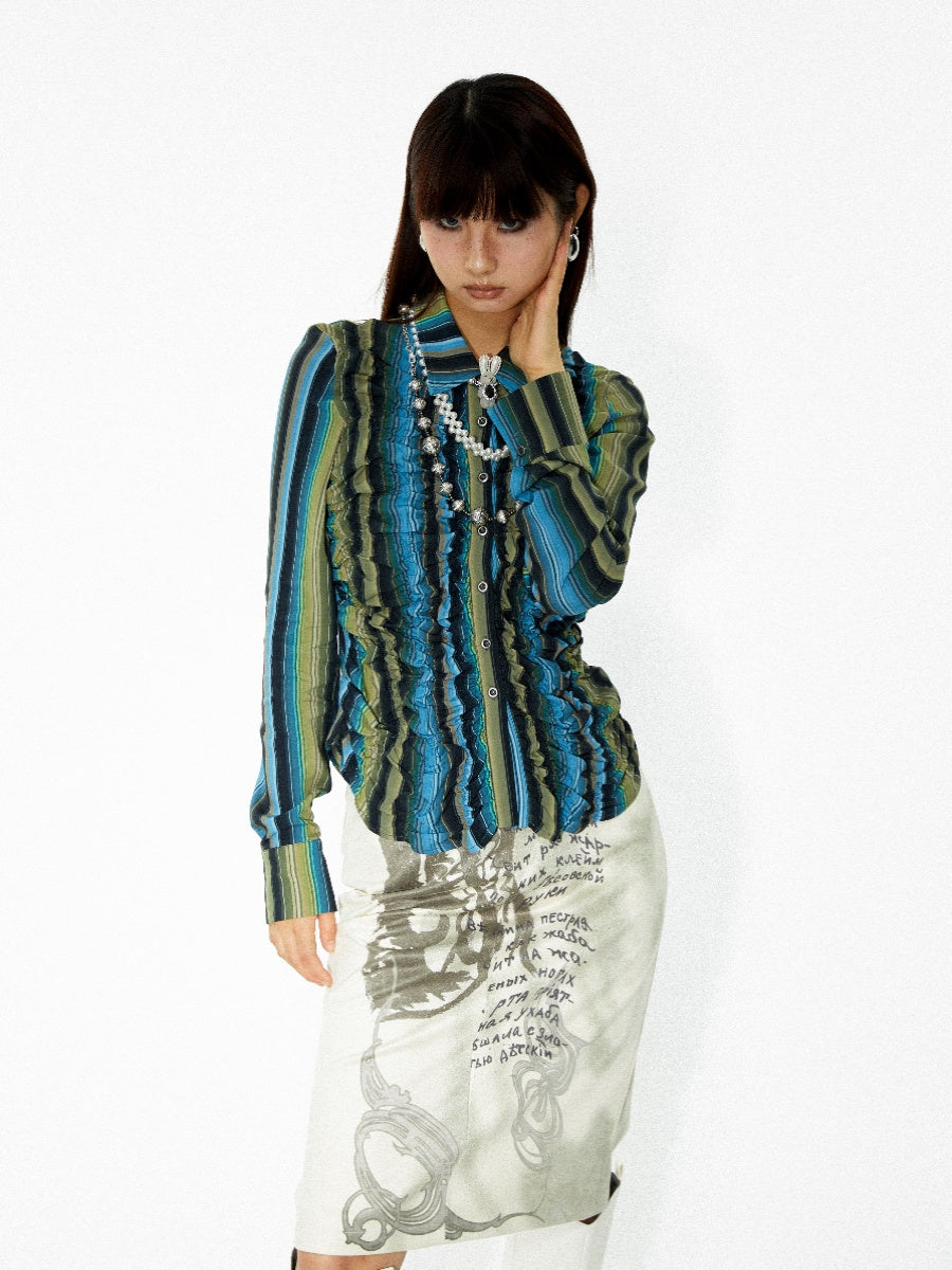 Stripe Colorfer Frill Ruffle Nichi Wunderschöne Bluse