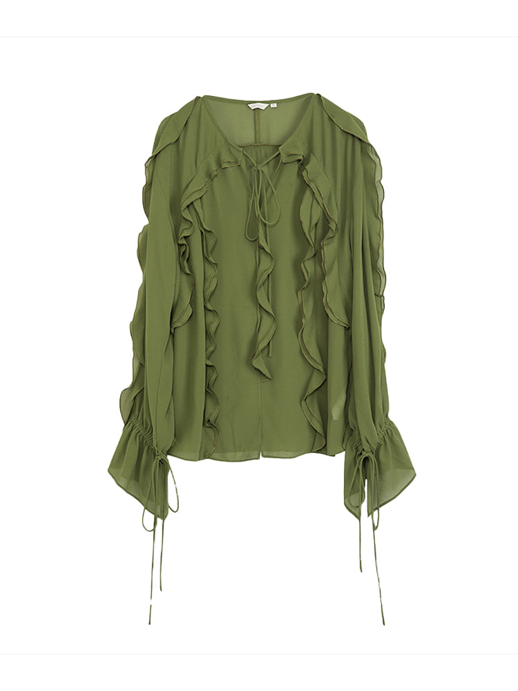 Ciffon Ruffle Drawstring Loose Chic Blouse