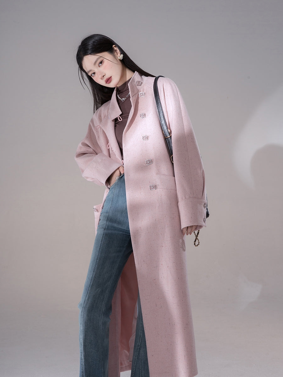 스탠드 칼라 비쥬 페미닌 하트 롱 코트