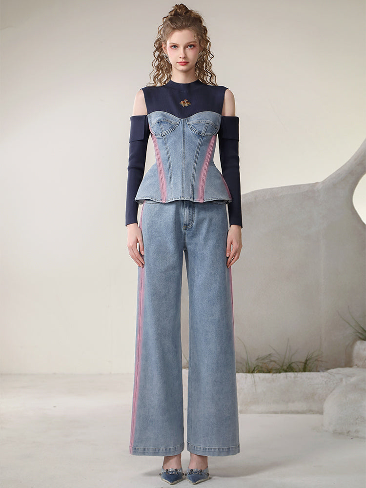 Denim Open-Shoulder Casual Peplum Tops&Pants