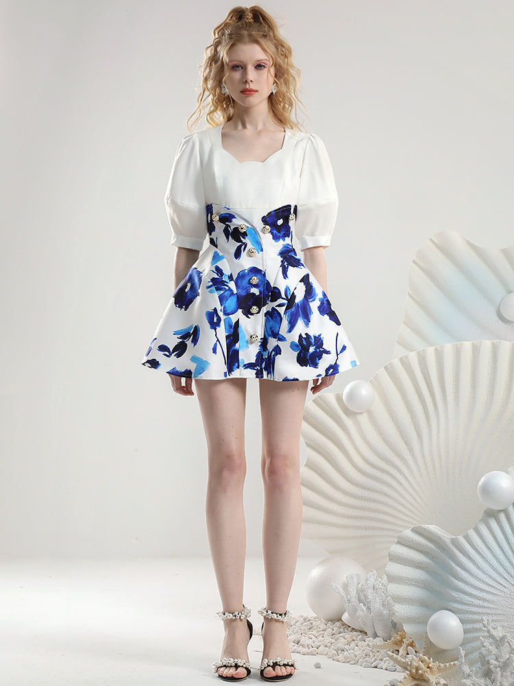 2Type Set-Up Puff-Sleeve High-Waist Flower Chic Tops&Skirt