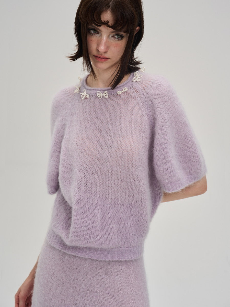 Crew-Neck Ribbon Sweet Feminine Pale Tops&Long-Skirt