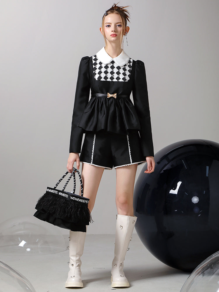 Checked Lace Peplum Classy Tops&Short-Pants