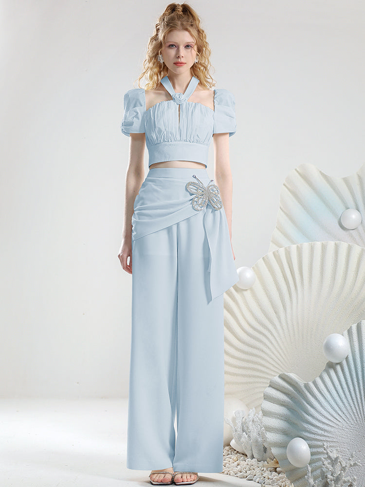 Set-Up Short Wrap Butterfly Half-Sleeve Refreshing Blouse&Straigt-Pants