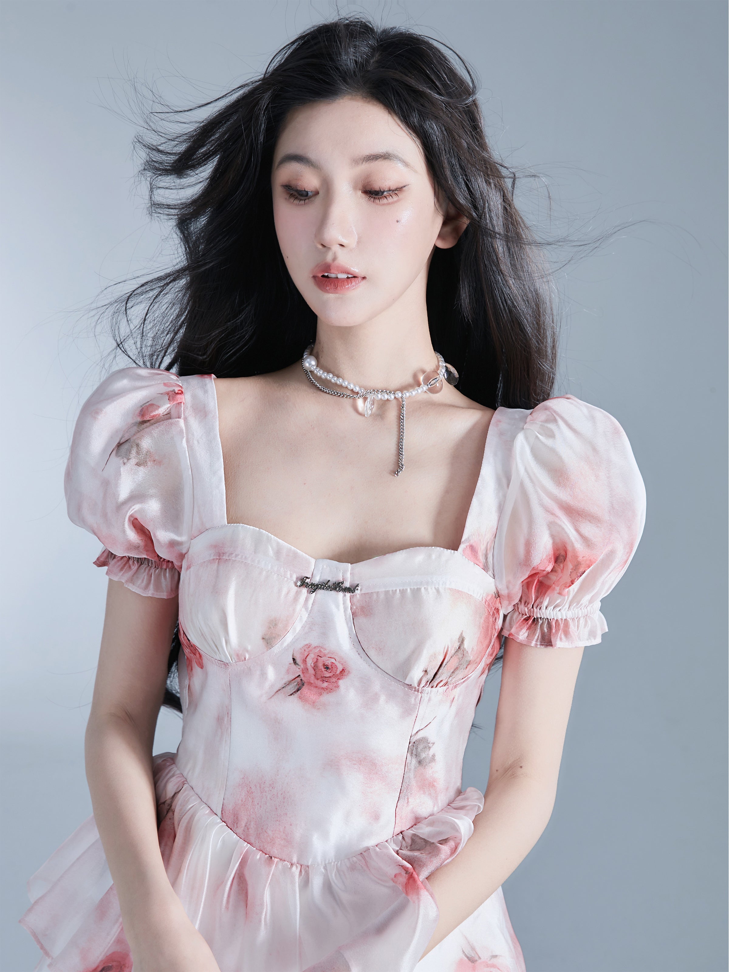 Rose Elegant Ciffon Tiered Flare One-Piece