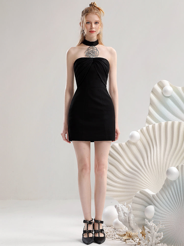 Halter-Neck Elegant Gather Short Slim Rose Bijou Dress