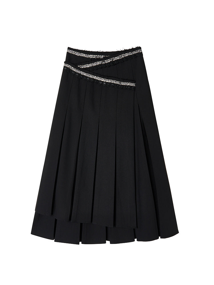 Box-Pleats Flare Glitter Plain Long-Skirt