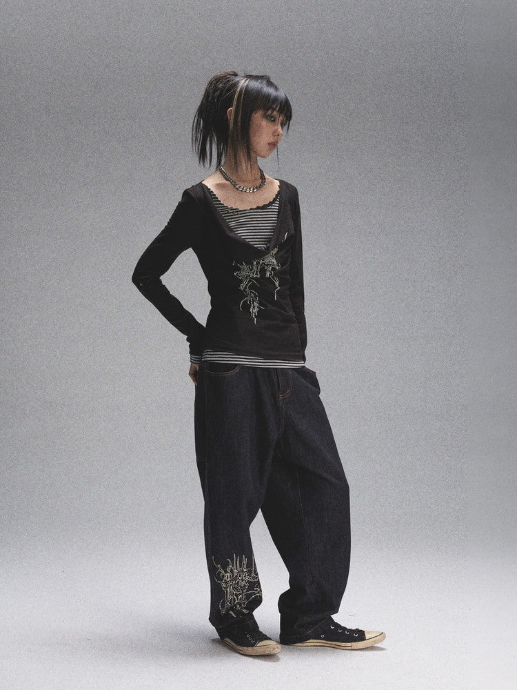 Print Denim Loose Casual Wide-Leg Pants
