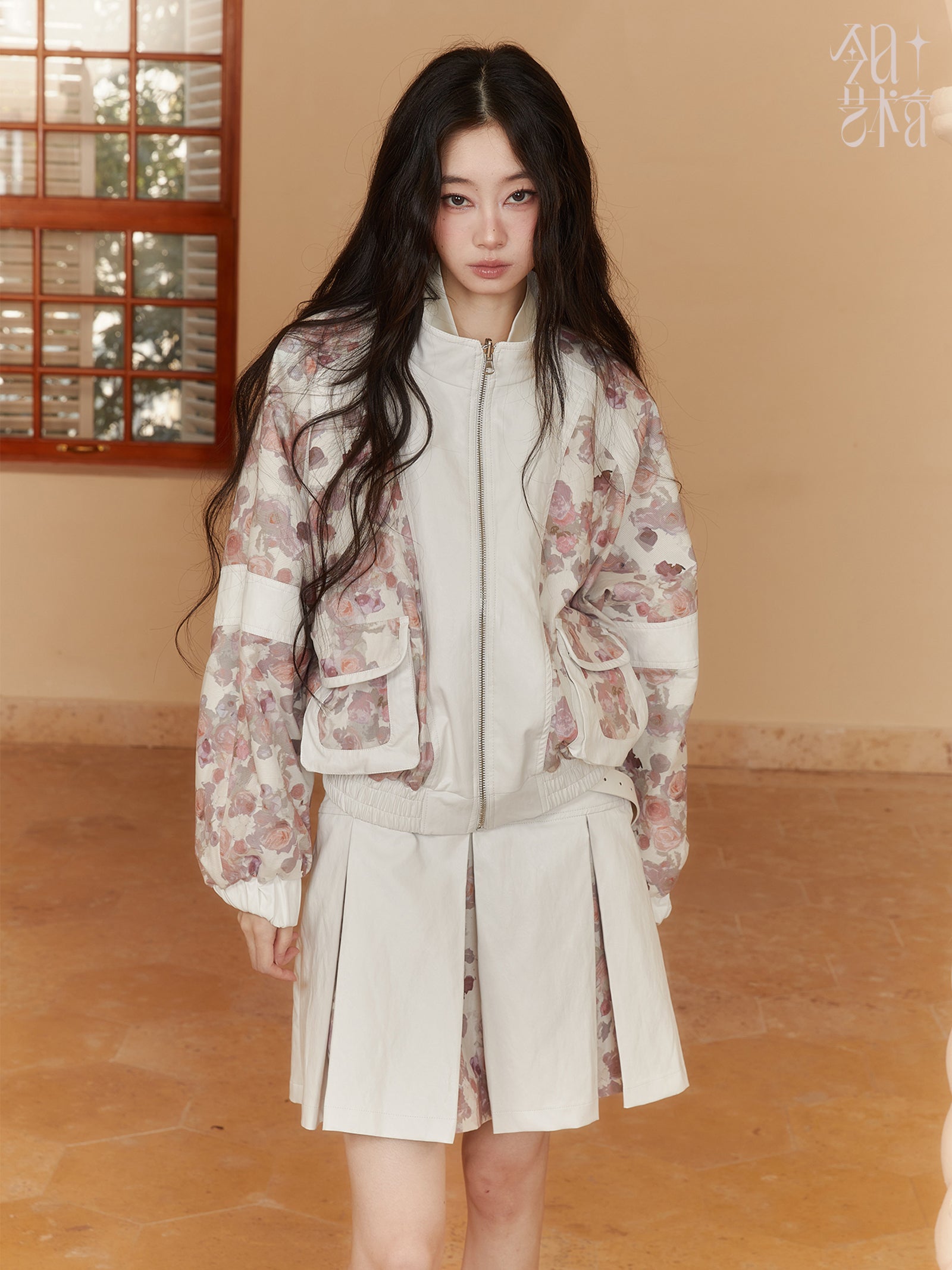 Reversible Flower Ribbon Leather Retro Feminine Jacket&Mini-Skirt