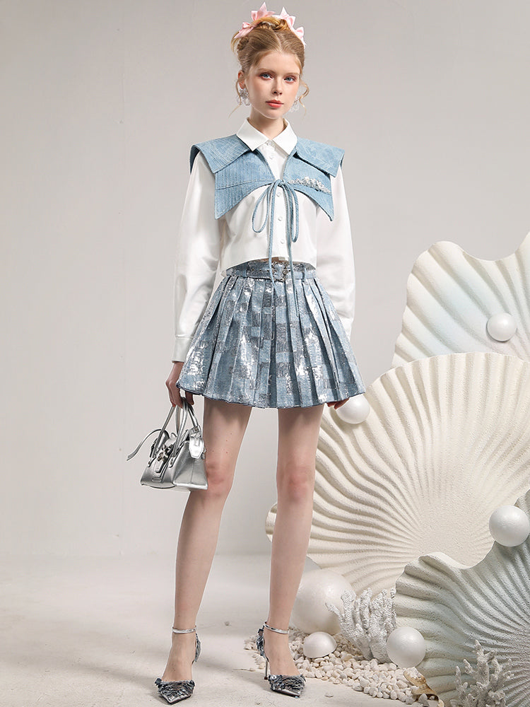 Tops & Mini-Skirt Sailor Metallic Unique Unique Denim Big-Colar College