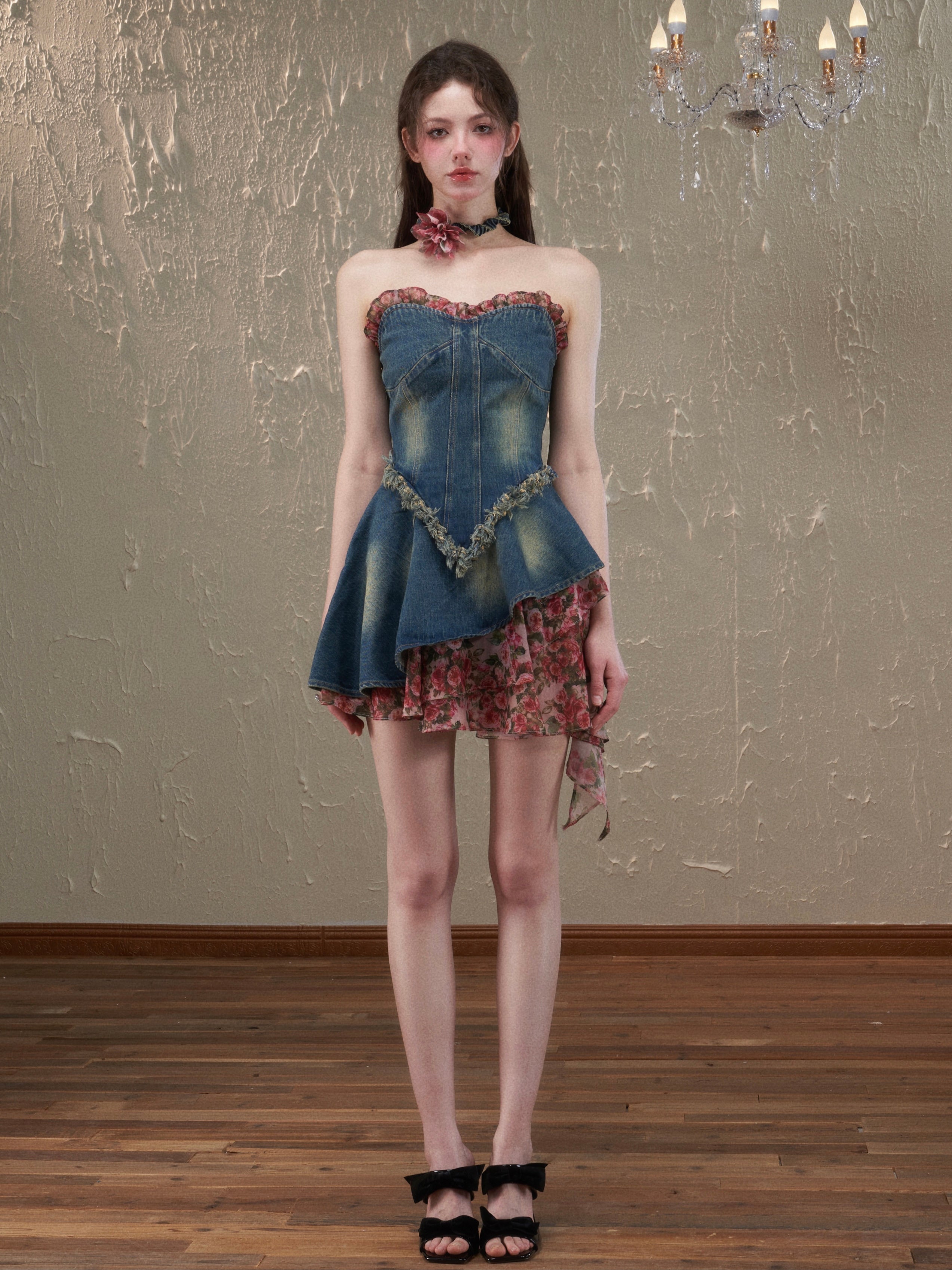 데님 베어 탑 꽃 비대칭 코폰 원피스