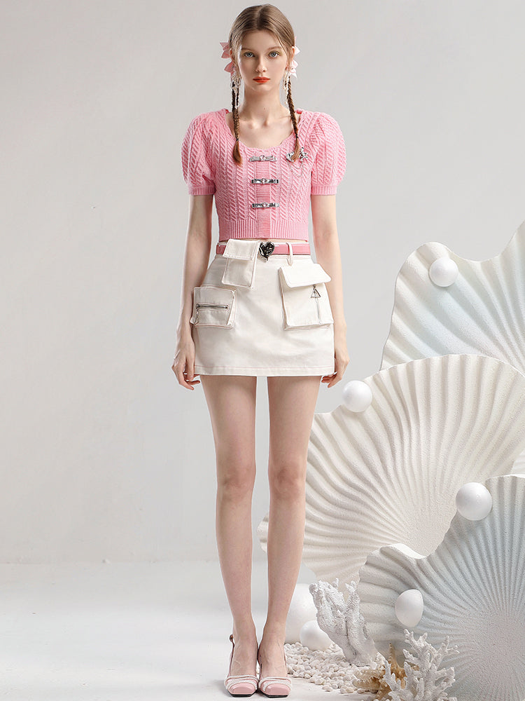 Set-Up Summer-Knit Feminine Pocket Casual Ribbno Metal Knit&Mini-Skirt