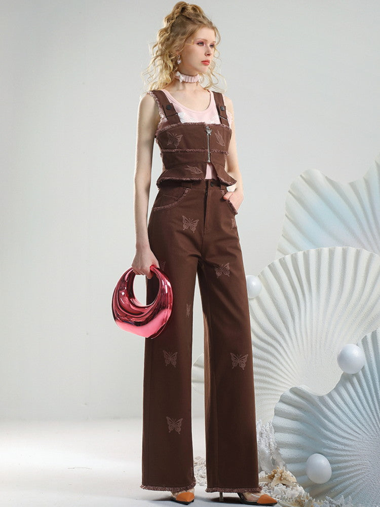 Set-Up Denim Peplum Pants Retro Butterfly Embroidery Overall Tops&Pants