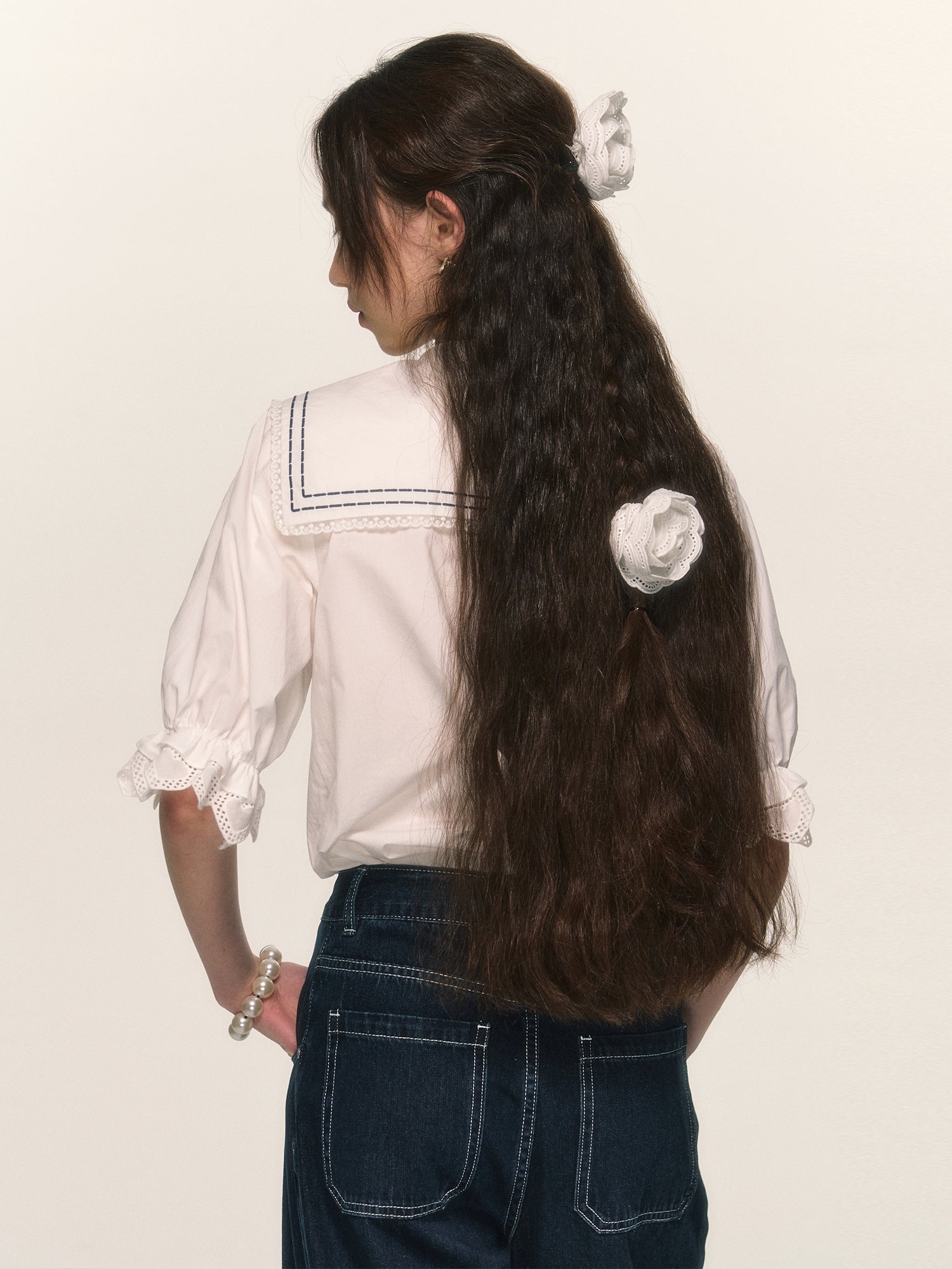 Marine Sailor-Collar Lace Candy-Sleeve Blouse