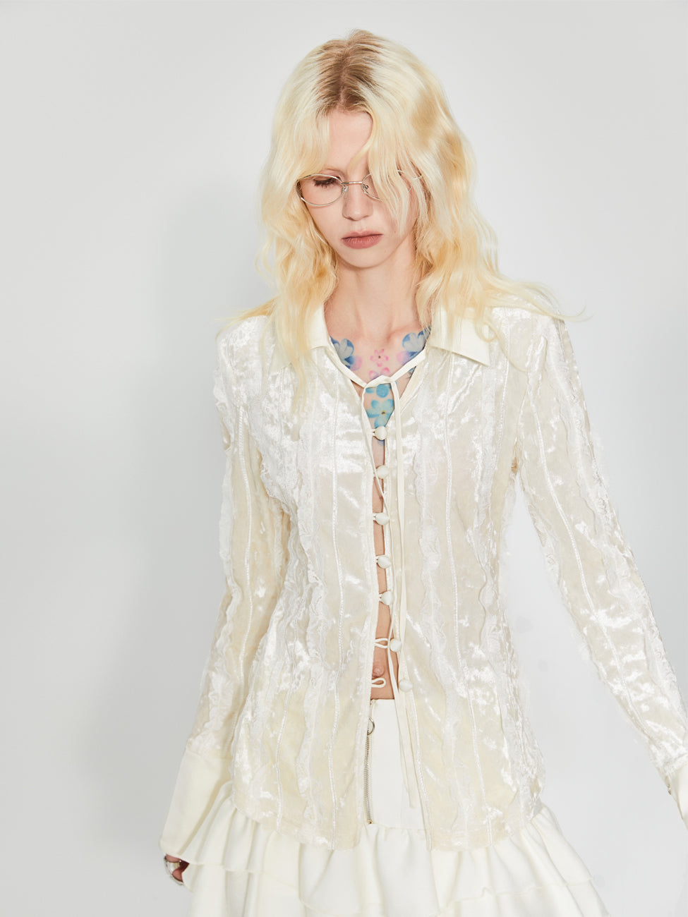 자수 레이스 우아한 긴 말반 블라우스