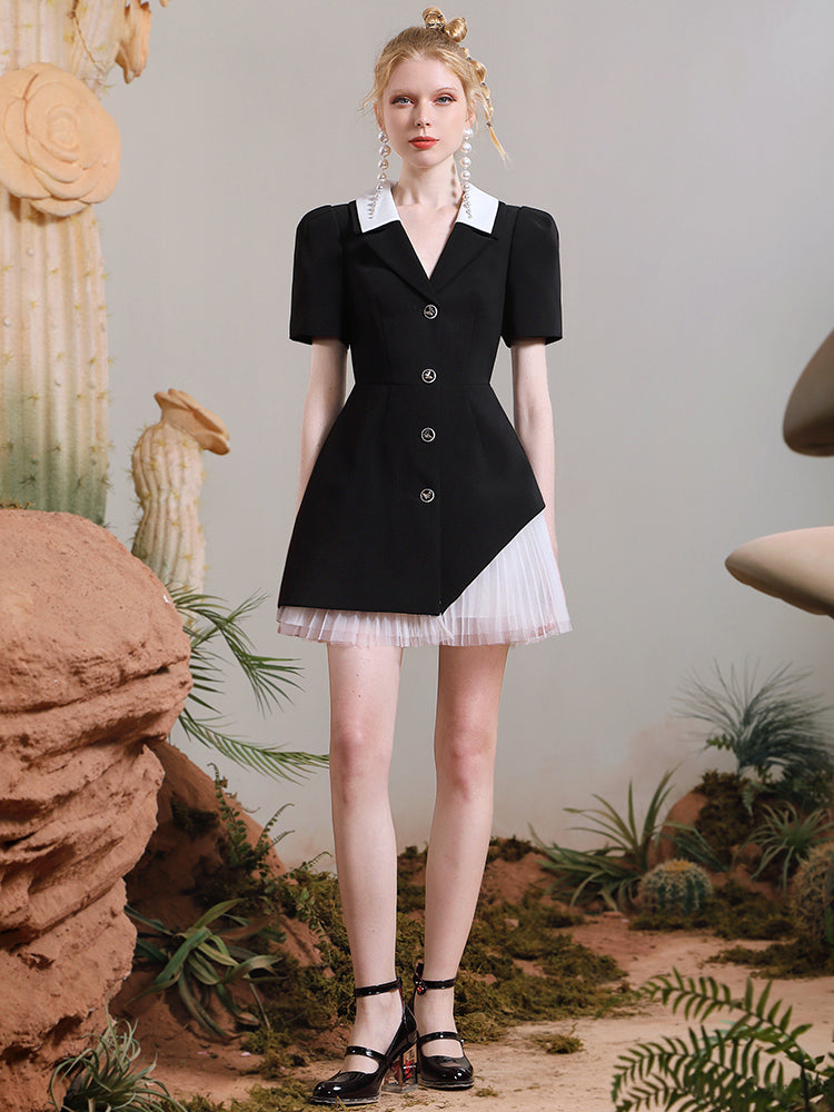Pleats Tulle Mix V-Neck One-Piece