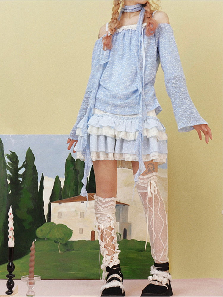 Open-Shoulder Lace Flare-Sleeve Thin Tops