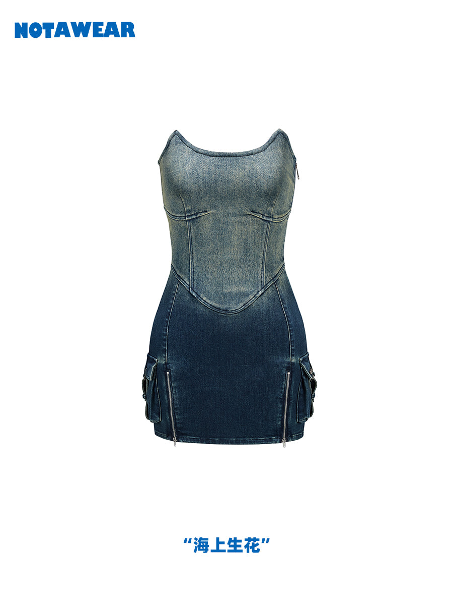 Denim Gradation Bare-Top Zip Mini One-Piece