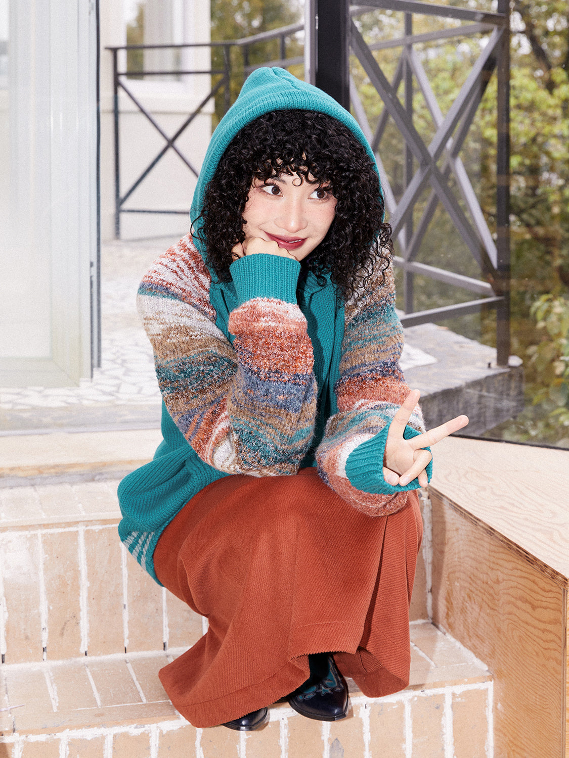 국경 레트로 까마귀 캐주얼 컬러 니트 파르카