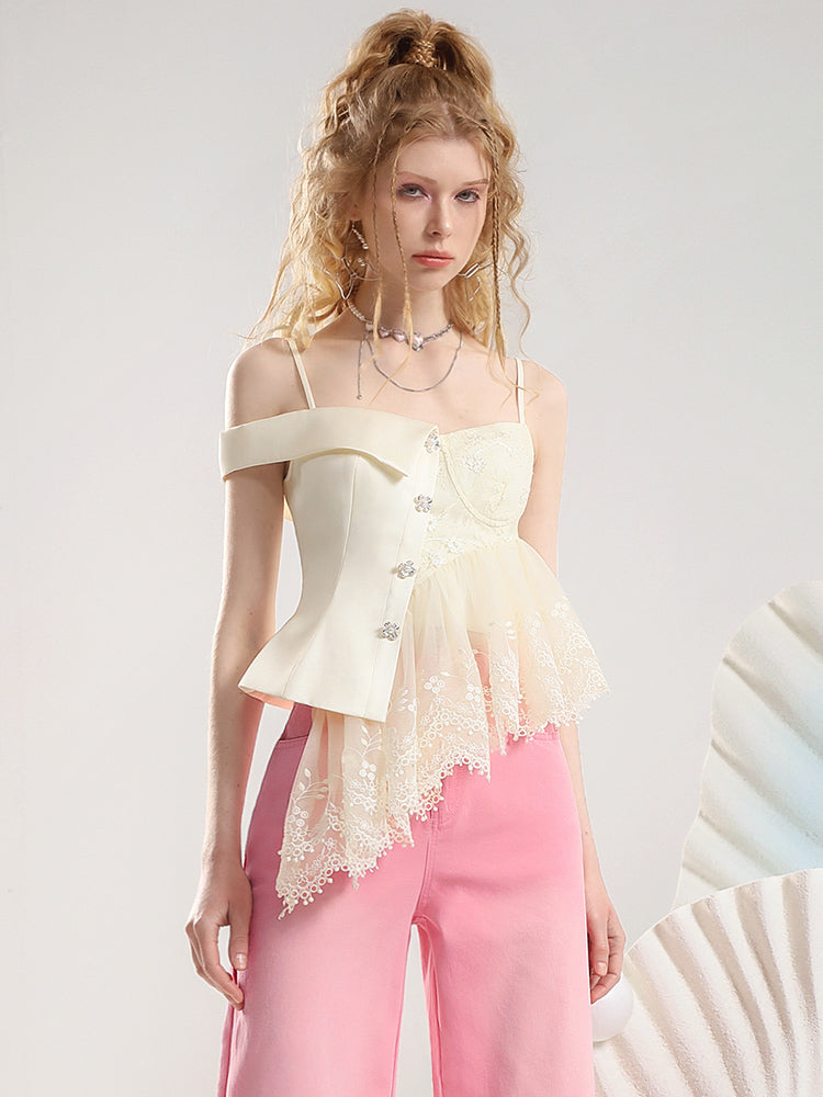 Lace Feminine Asymmetry Bijou Set-Up Camisole&Denim-Pants