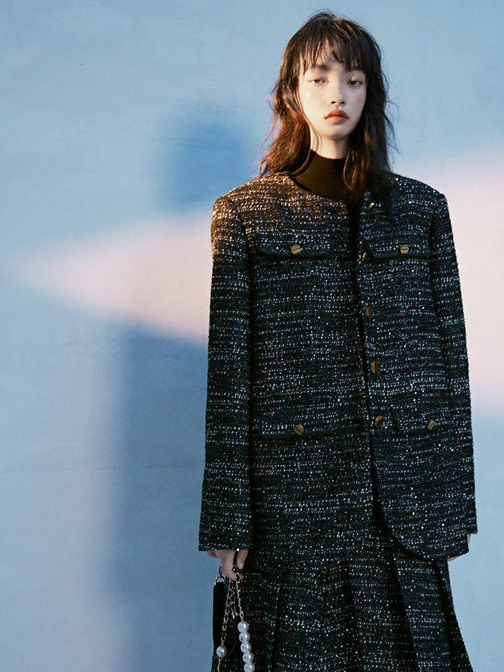 Tweed No-Collar Formal Oversize Jacket