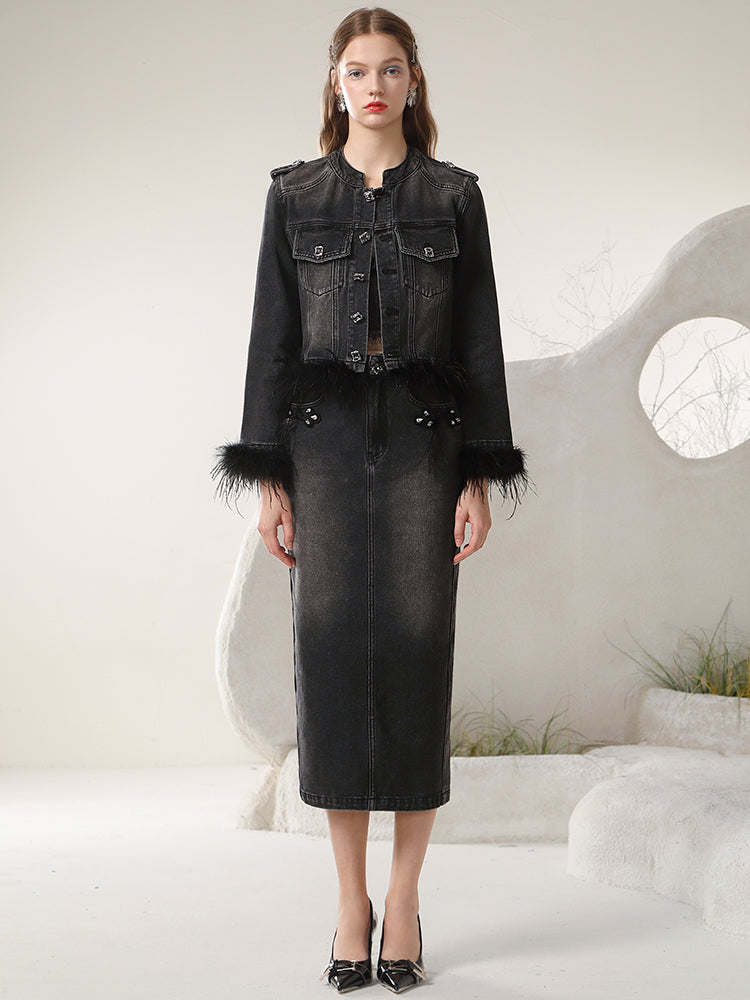 Denim Fue Chic Set-Up Casual Jacket&Long-Skirt