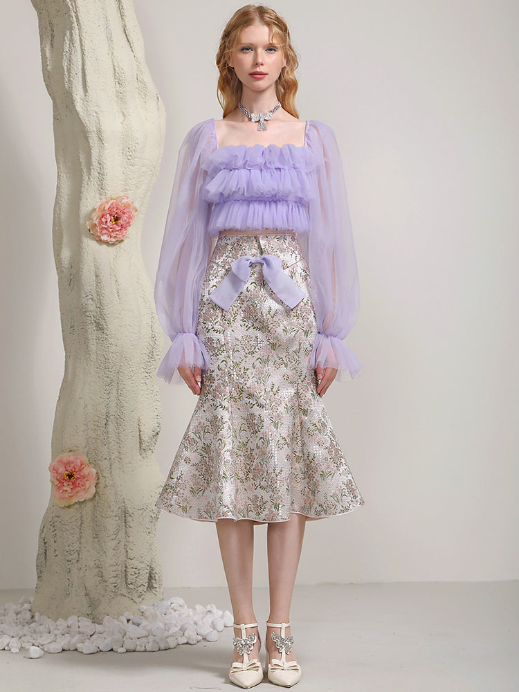 Tulle Frill Tiered Pale Candy-Sleeve Glossy Flower Tops&Mermaid-Skirt