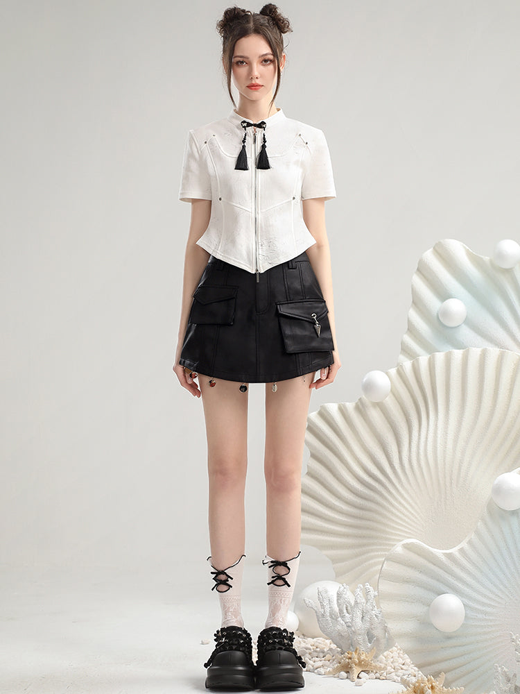 Set-Up Tassel Zip Coin Nichi Tops&Leather-Skirt