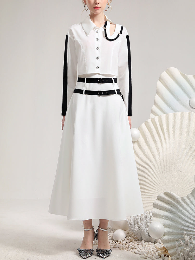 Set-Up Monotone Nichi Asymmetry Open-Shoulder Tops&Long-Skirt