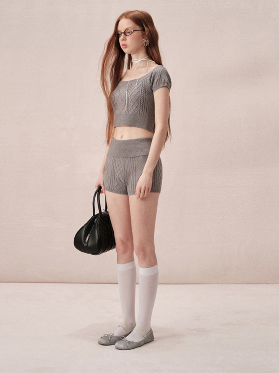 Cable-Knit Off-Shoulder Casual Relax Set-Up Tops&Short-Pants