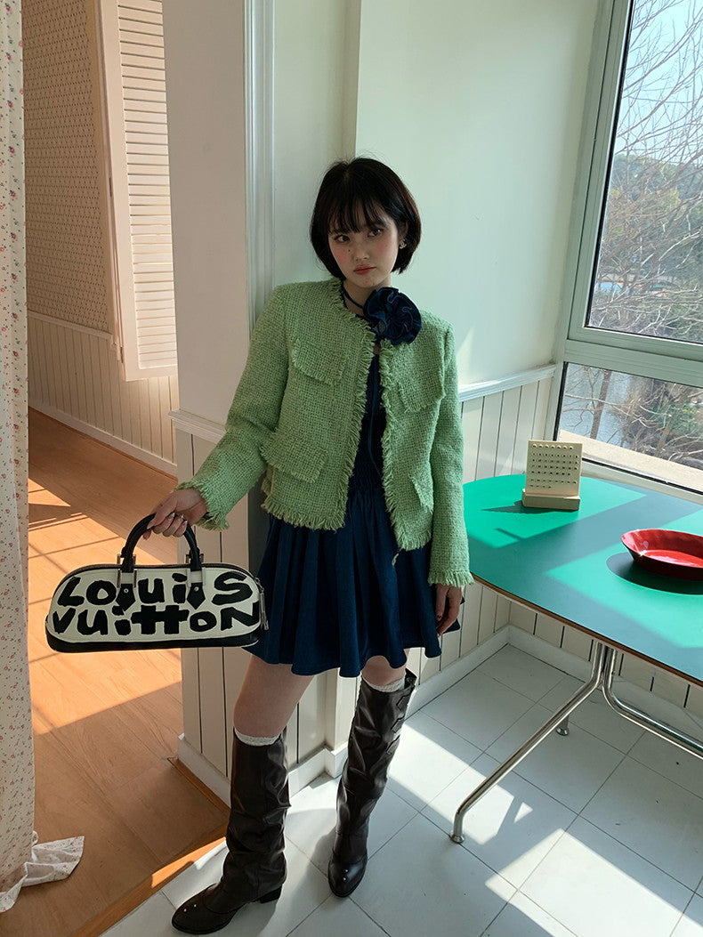 Tweed No-Collar Simple Classy Jacket