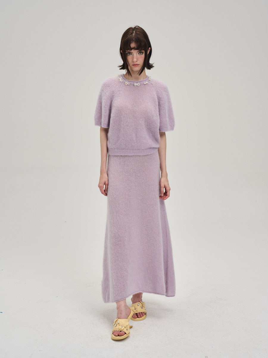 Crew-Neck Ribbon Sweet Feminine Pale Tops&Long-Skirt
