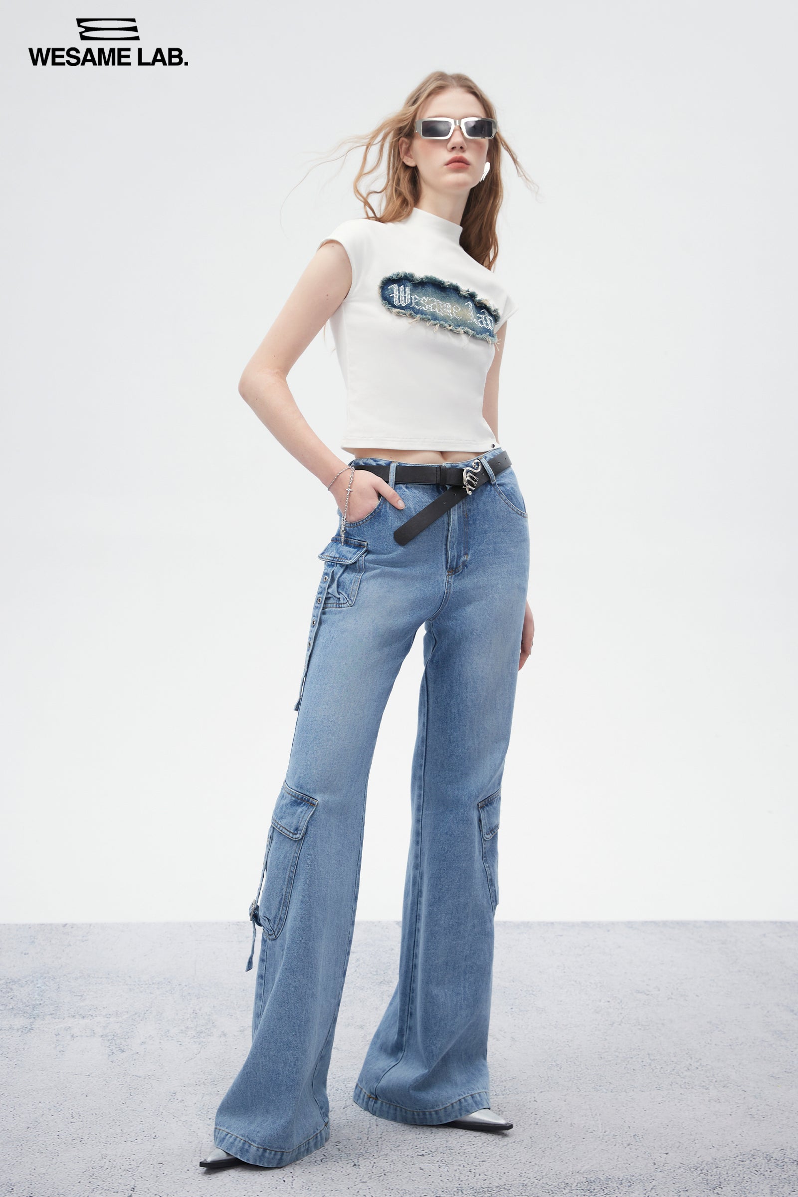 Side-Pocket Belt Denim Flare-Pants