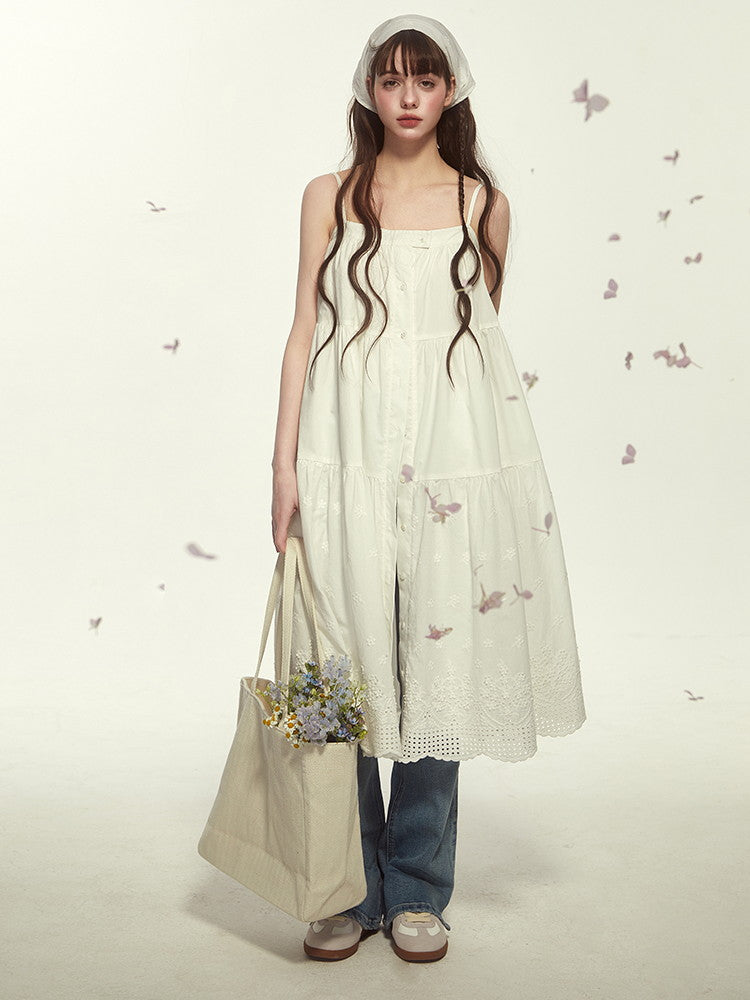 Camisole Lace Stripe Flare Button Layered Casual Dress